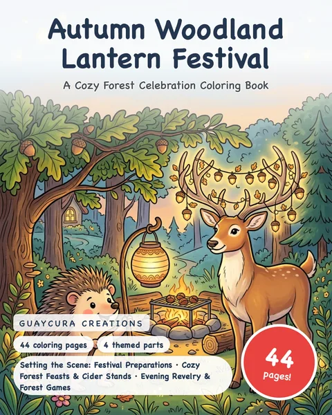 Autumn Woodland Lantern Festival printable coloring book
