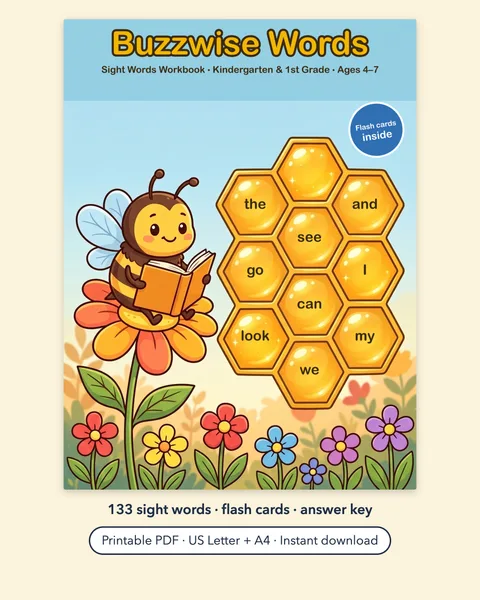 Buzzwise Words: Sight Words Workbook Printable PDF, Kindergarten and 1st Grade, Ages 4-7, Dolch Words, Flash Cards and Answer Key printable coloring book