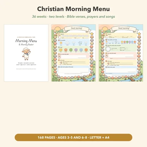 Christian Morning Menu, 36 Weeks, Two Levels | Morning Basket with Bible Verses, Prayers, Songs | Homeschool Printable PDF printable learning pack