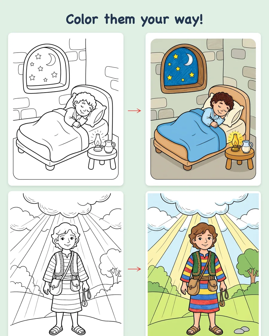 Samuel, Saul, David, and Solomon — colored examples