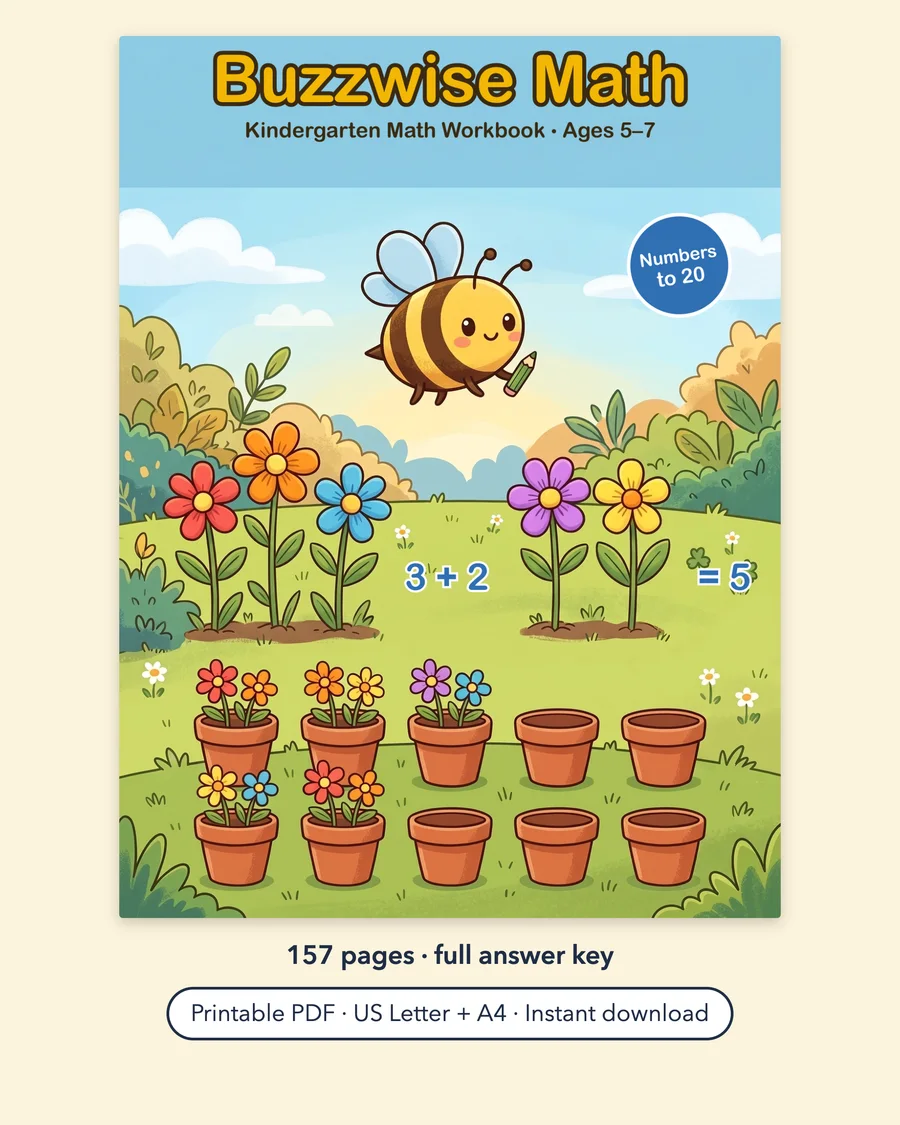 Buzzwise Math: Kindergarten Math Workbook Printable PDF, Ages 5-7, Numbers to 20, Adding and Taking Away, Time, Money, Answer Key — etsy 01 cover