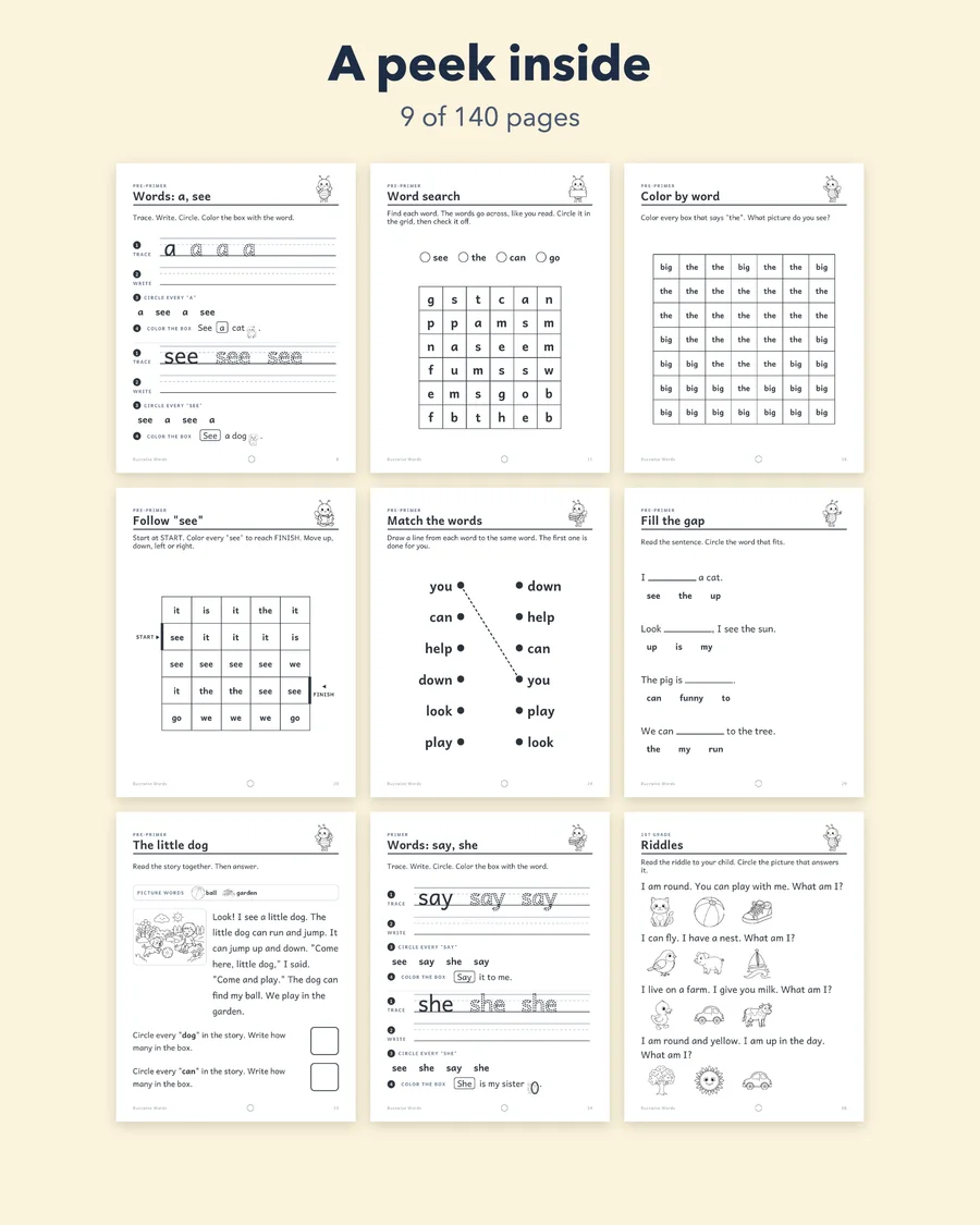 Buzzwise Words: Sight Words Workbook Printable PDF, Kindergarten and 1st Grade, Ages 4-7, Dolch Words, Flash Cards and Answer Key — etsy 02 grid 1