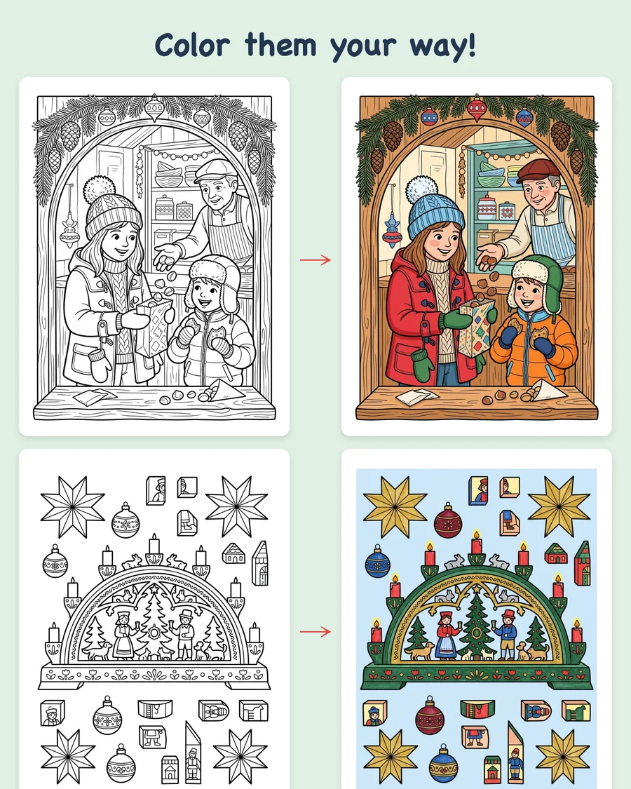Christmas Market Adventures — colored examples