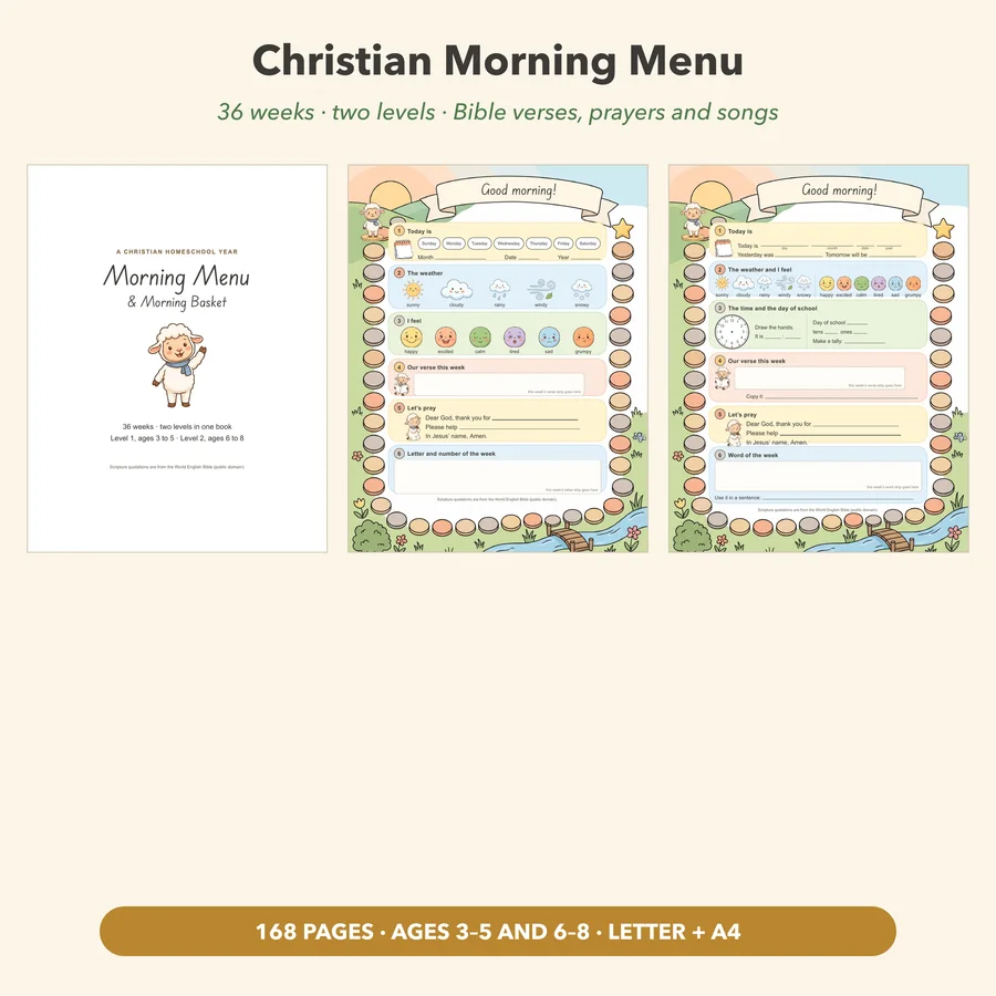 Christian Morning Menu, 36 Weeks, Two Levels | Morning Basket with Bible Verses, Prayers, Songs | Homeschool Printable PDF — etsy 01 cover