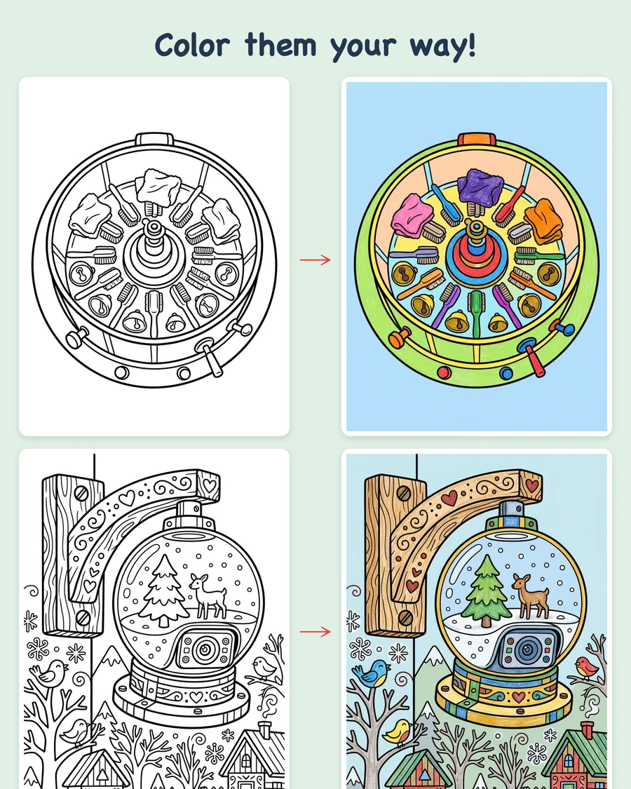 North Pole Workshop Mystery — colored examples