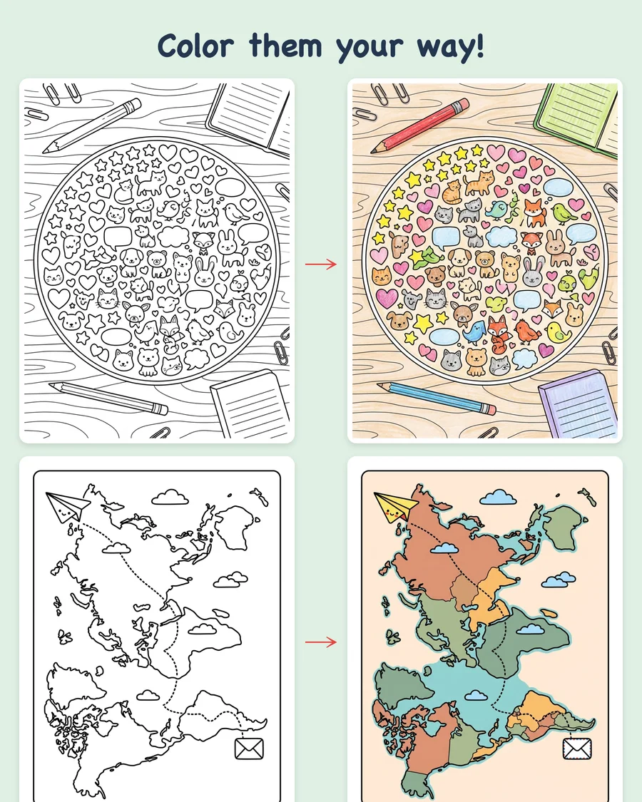 Pen Pal Club: Color, Write & Mail — colored examples