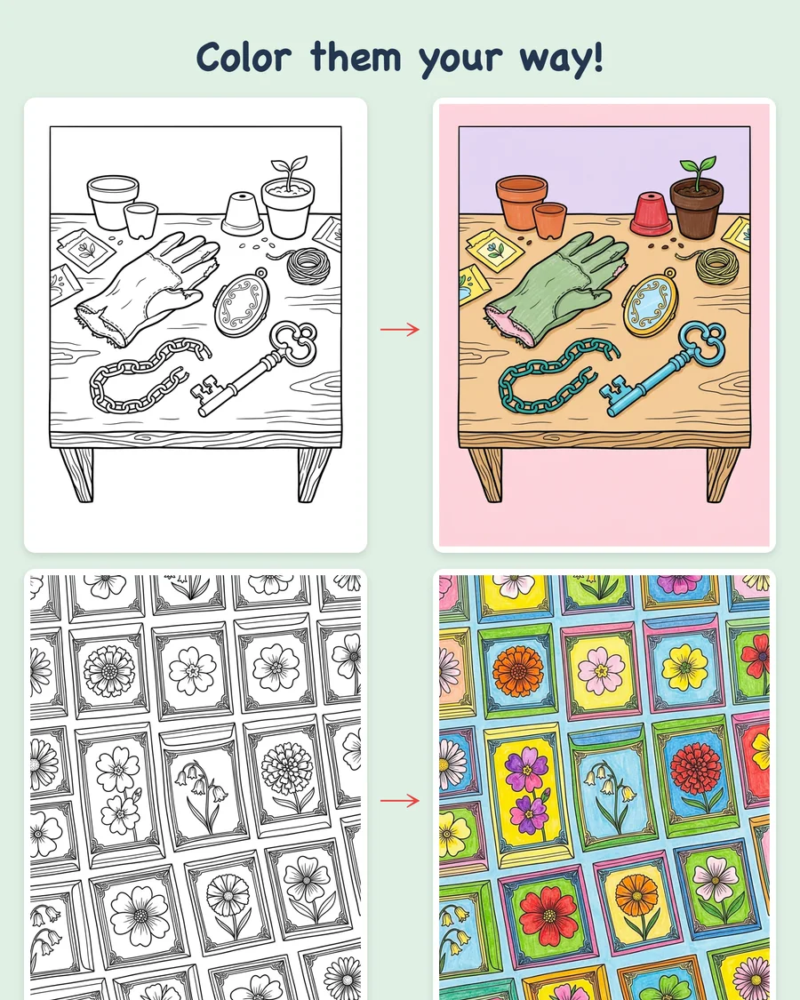 Secret Garden Detective — colored examples