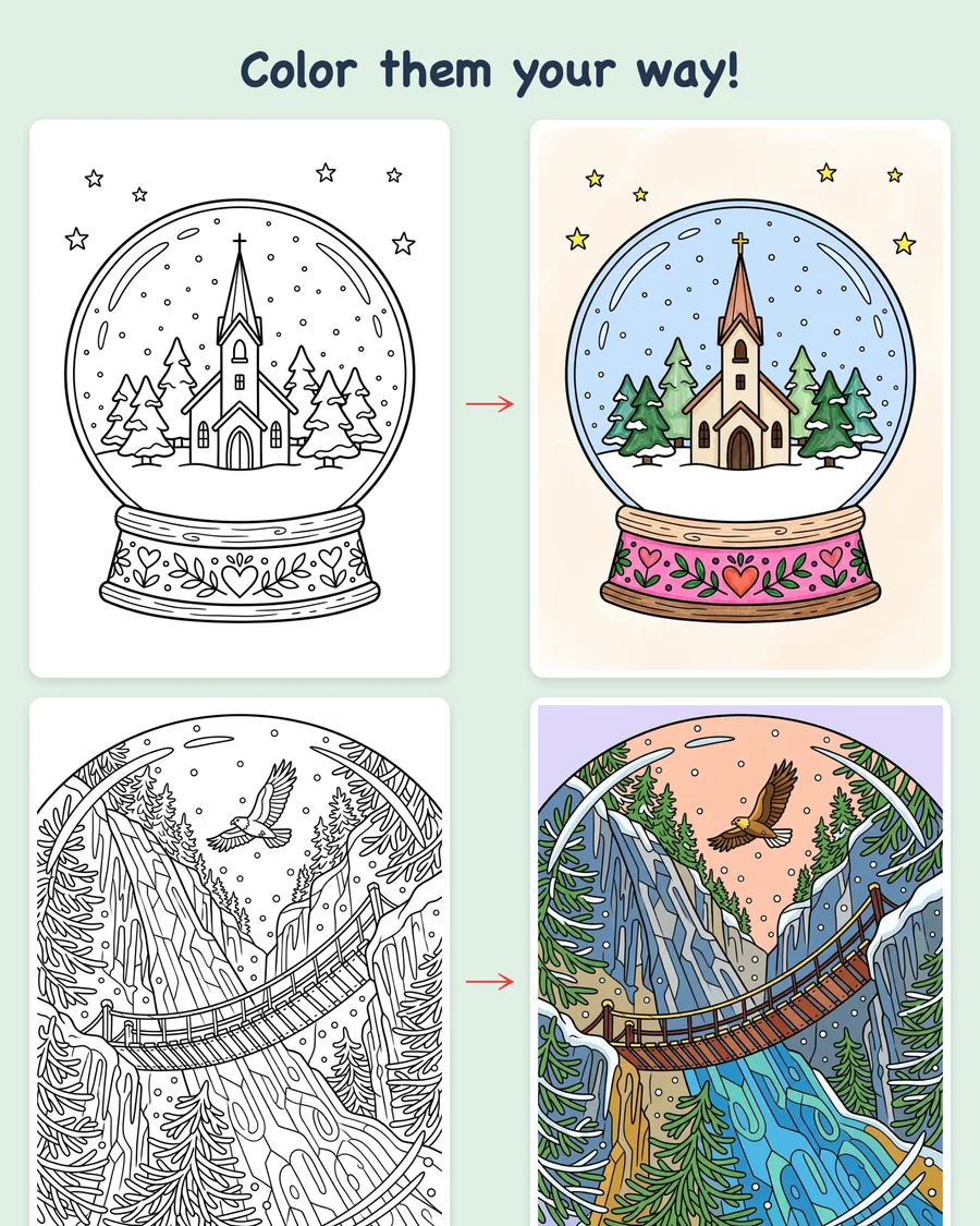Snow Globe Worlds — colored examples