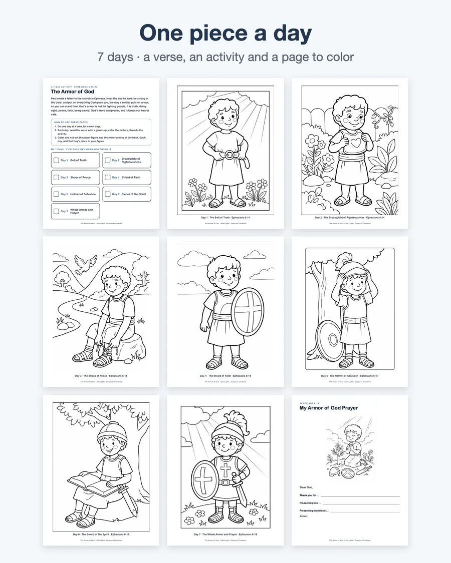 Armor of God for Kids, 7 Day Activity, Coloring Pages, Paper Figure Craft, Ephesians 6 Sunday School Printable, Bible Lesson PDF — etsy 02 grid