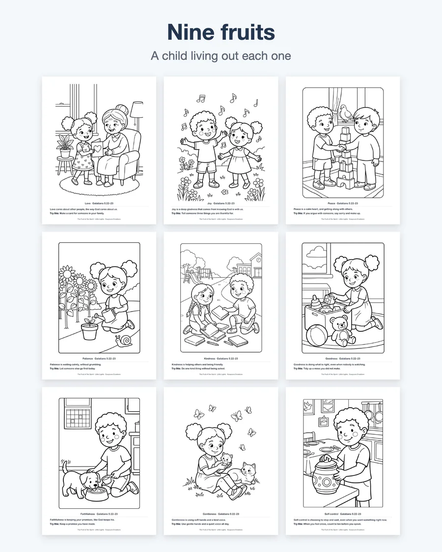 Fruit of the Spirit Coloring Pages for Kids, Galatians 5 Sunday School Printable, Fruit Tree Poster, Weekly Chart, Bible Lesson PDF — etsy 02 grid