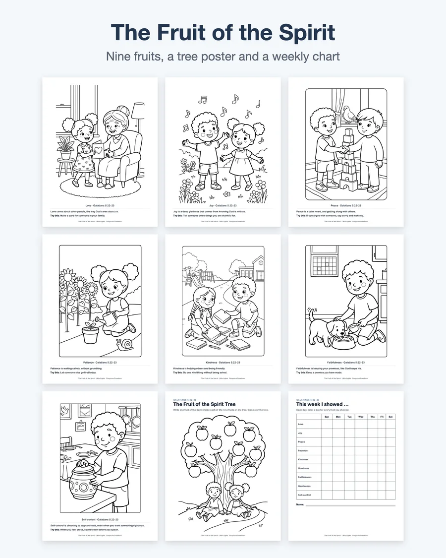 Armor of God, Fruit of the Spirit, Women of the Bible Coloring Pages for Kids, Sunday School Printable Pack, Bible Activity PDF — etsy 03 grid fruit