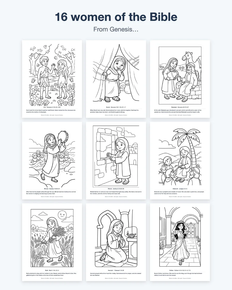 Women of the Bible Coloring Pages for Kids, 16 Bible Women, Ruth Esther Mary, Sunday School Printable, Bible Story Activity PDF — etsy 02 grid 1