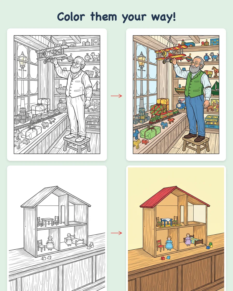 Vintage Christmas Toy Shop — colored examples